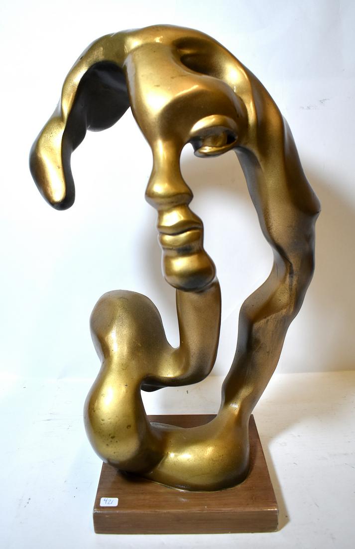 MCM Sculpture Abstract Face: Dore bronze like finish to the pottery sculpture. 20 H x 12 W