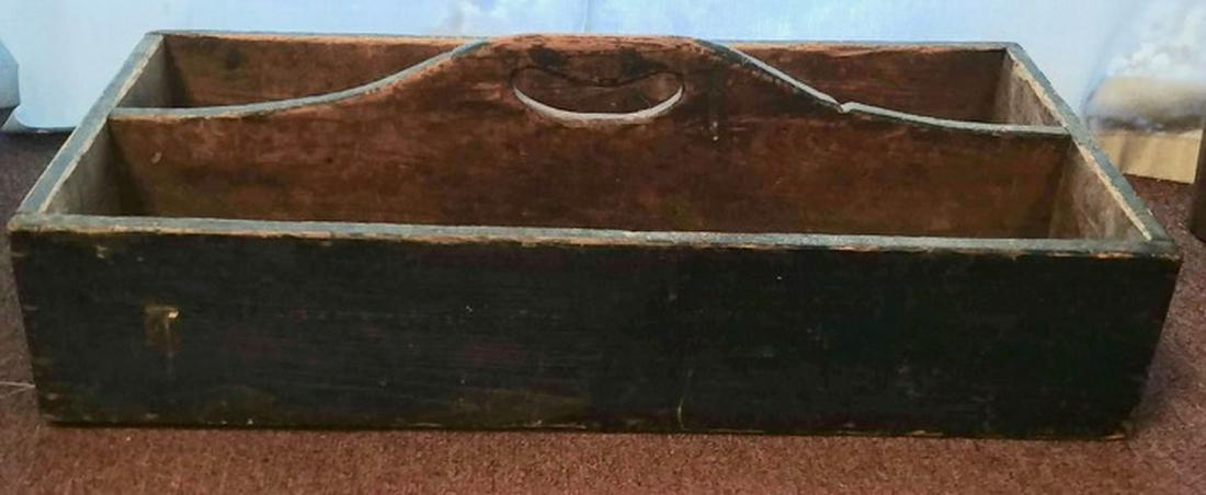 Primitive Wooden Tool Carry: Wooden tool box with handle. Blue painted. 26-3/4" x 13" x 8" H