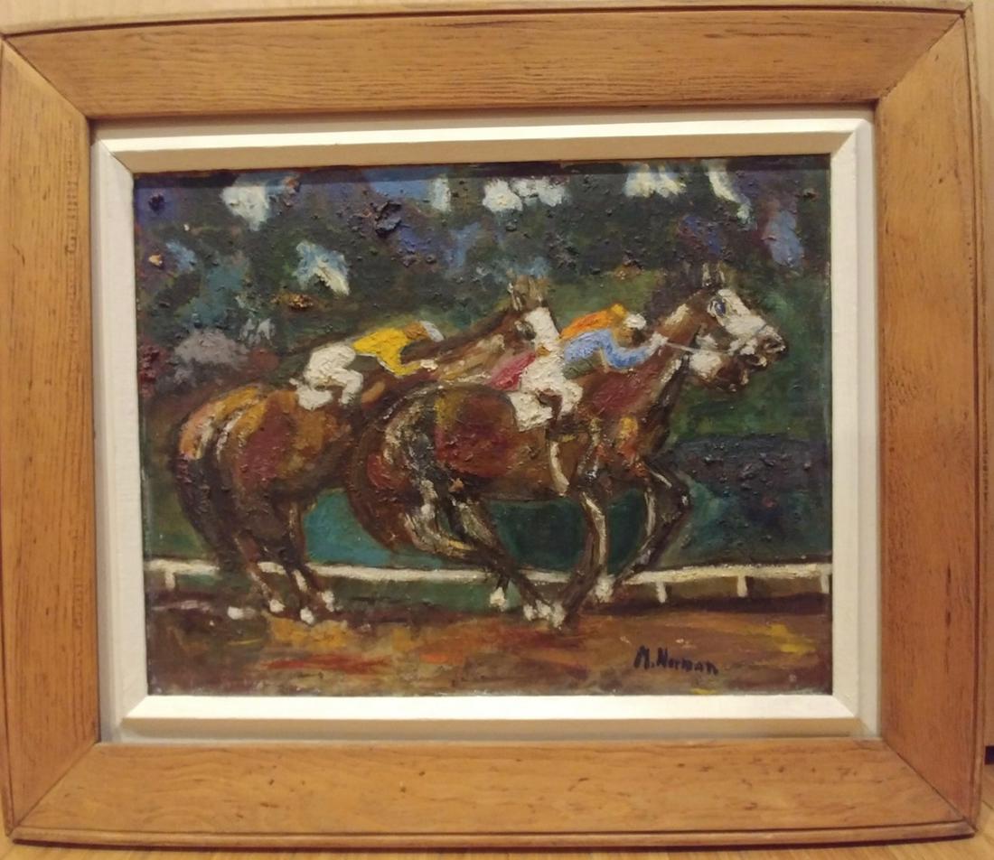 Oil on Canvas Racehorses Signed M. Norman: Colorful, textural oil on canvas of two horses racing. Signed lower right. 15-3/4" H x 19-1/2" W