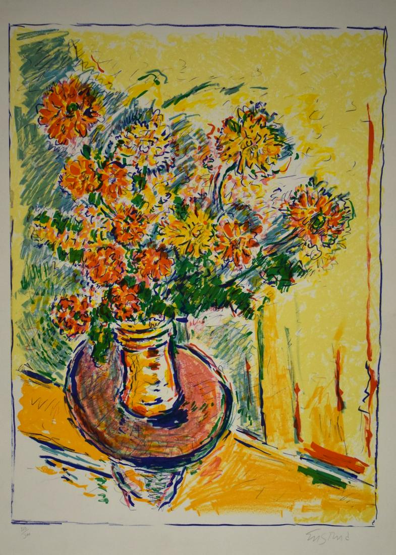 Wayne Ensrud; 20thC. Lithograph - Flower Flight Signed: Wayne Ensrud(b.1934) color lithograph. Flower Flight. 1981. Pencil signed and numbered 213/300; Image size: 31in. X 23in. Overall size: 36in. X 26in.Embossed Circle Fine Arts stamp in margin