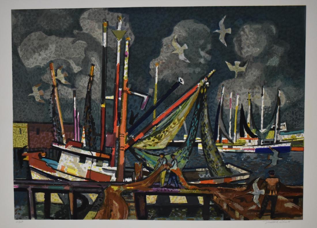Millard Sheets; 20thC. Lithograph - Shrimp Boats Signed: Millard Sheets(1907-1989) Color lithograph. Shrimp Boats. Pencil signed and numbered 142/250; Image size: 21.75n. X 29.75in. Overall size: 27in. X 35in. Embossed Circle Fine Arts stamp in margin
