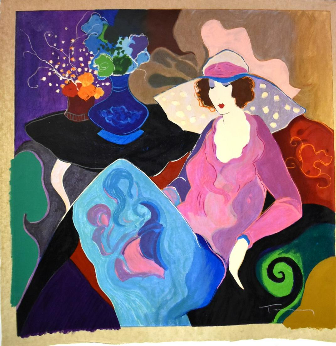 Itzchak Isaac Tarkay; 20thC. Serigraph - Loveliness: Israeli 1935-2012. Serigraph in color on linen with hand embellishment. Loveliness. 1997. Hand signed on front and numbered on verso by the artist. Edition 35/100; 35.5in. x 35in.(overall)