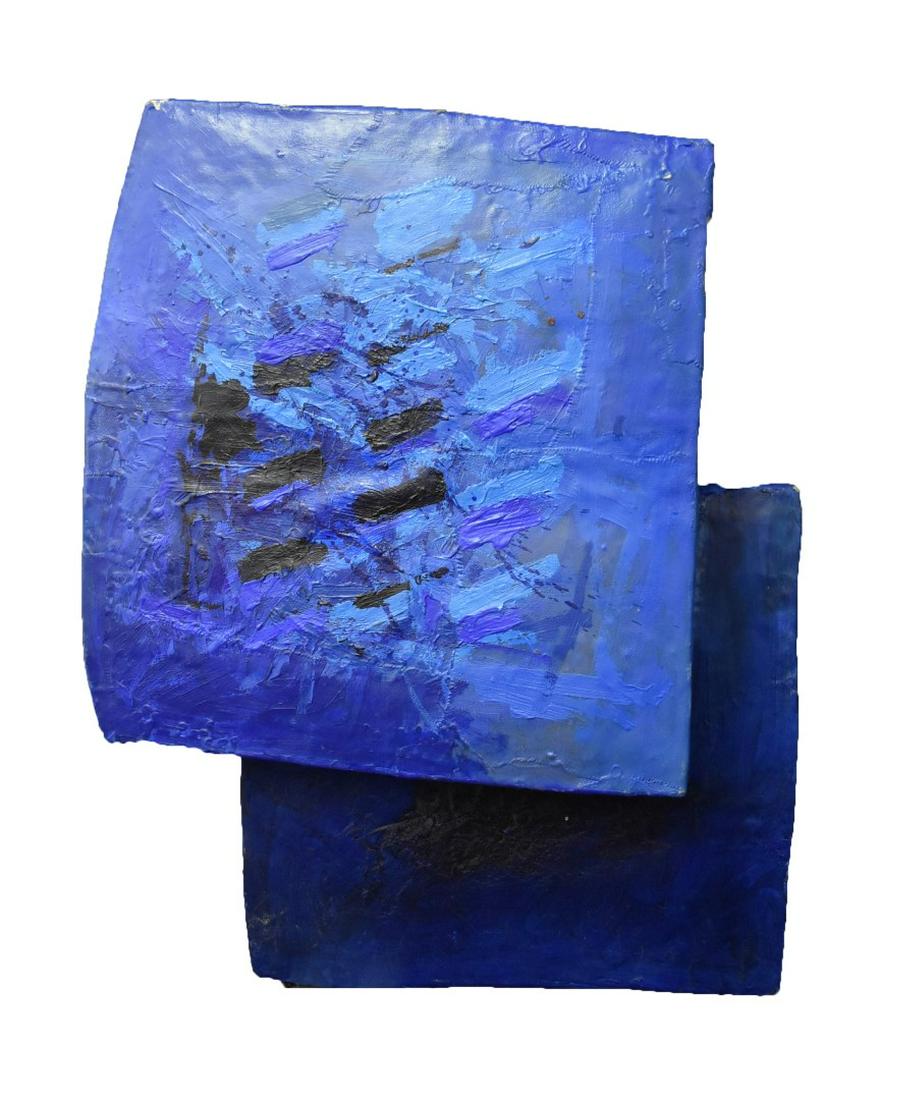 Calman Shemi; 20thC. Israeli Sculpture Signed: Painted plaster of paris and wood. Dinamics Squaris. Signed and inscribed with title; 37in.H. x 28in.W. x 16in.D.