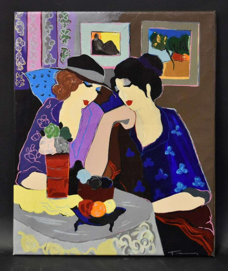 Itzchak Isaac Tarkay; 20thC. Serigraph - Café Signed: Israeli 1935-2012. Serigraph in color on linen with hand embellishment. Cafe. Hand signed on front and numbered on verso by the artist. Artist proof Edition 33/60; 27in. x 22in.(overall)