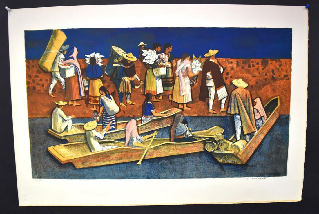 Millard Sheets; Lithograph - Going to Market Signed: Color lithograph. Going to Market. Pencil signed and numbered 175/250; 24in. X 35.25in.(overall)