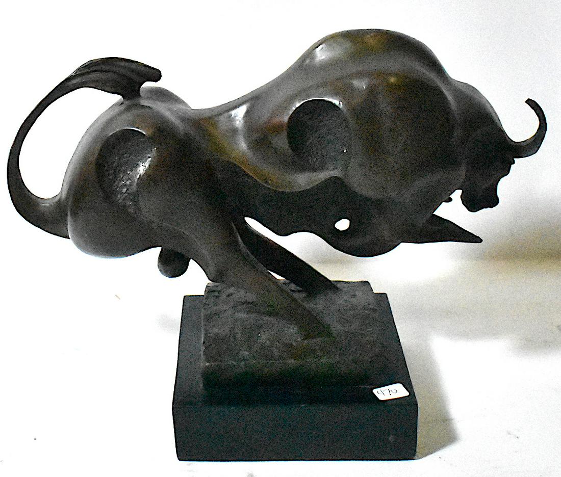 Milo. Bronze Bull Figure. Signed: Onyx base 9 H x 12W