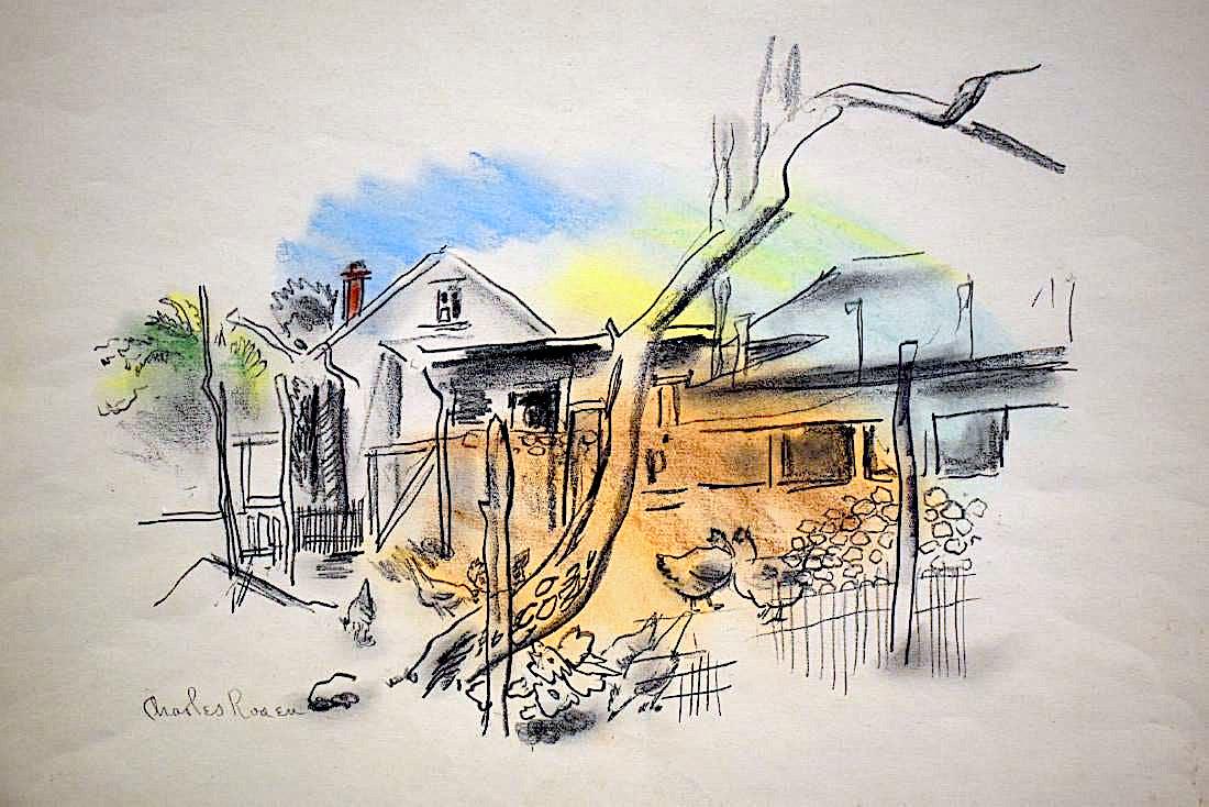 Charles Rosen; 20thC. American Pastel Farm Scene Signed: Pastel and pencil on paper. Farm Scene with chickens. Signed l.l.; 12in. X 18in.(paper size) Provenance: direct descent from the Charles Rosen estate