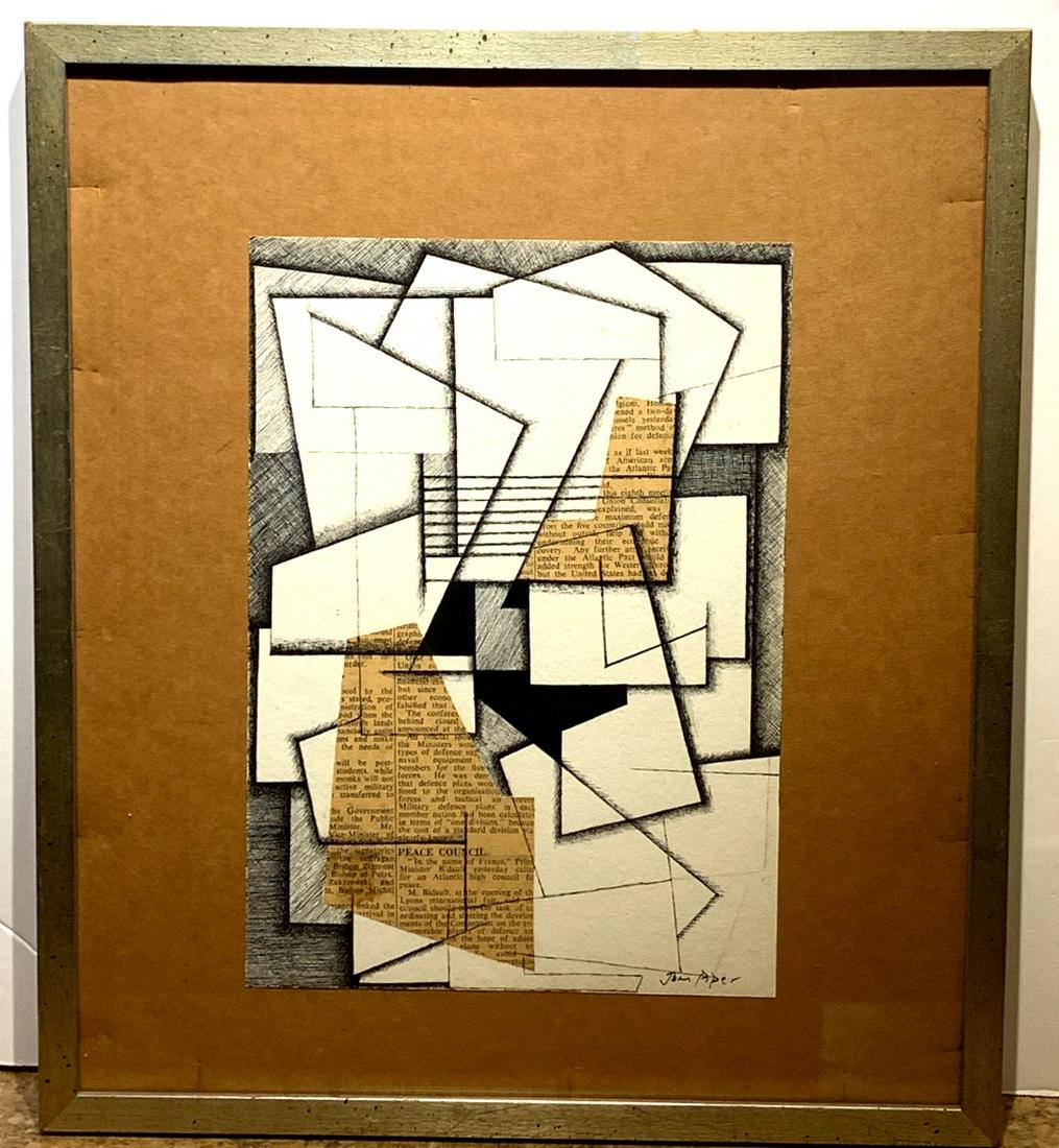 John Piper; 20thC. Modernist Ink and Collage Signed: John Egerton Christmas Piper(1903-1992); mixed media(ink and collage) on paper. Abstract Cubistic Composition. Signed l.r.; 9.75in. X 7in.(image size)