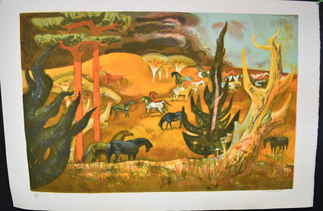 Millard Sheets; Lithograph - Summer Gold Signed: Color lithograph. Summer Gold. Pencil signed and numbered 204/250; 23.75in. X 35.5in.(overall)