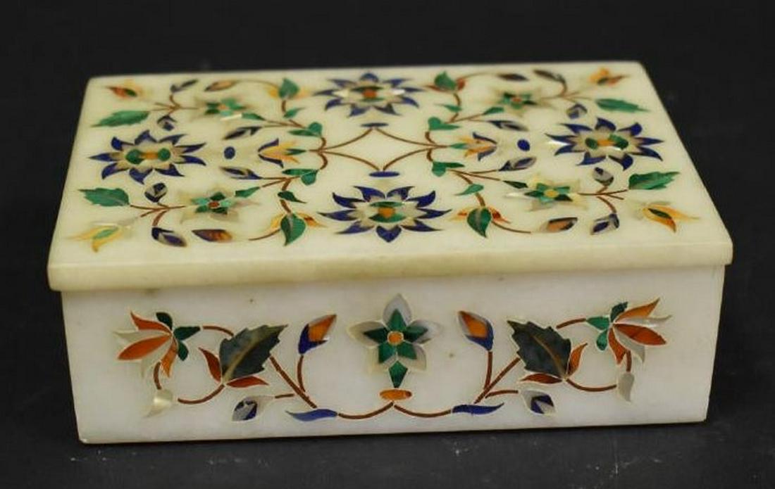 Italian Pietra Dura Inlaid Marble Covered Box: White marble covered trinket box. Well inlaid with hardstones and mother of pearl; 1.75in.H. x 5in.W. x 3.75in.D.