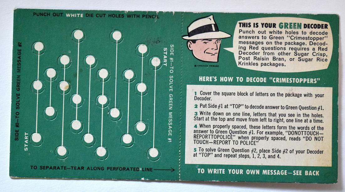 Dick Tracy Green DeCoder: Cereal advertising premium in boxes of Post Raisin Bran, Sugar Crisp and Sugar Rice Krinkles