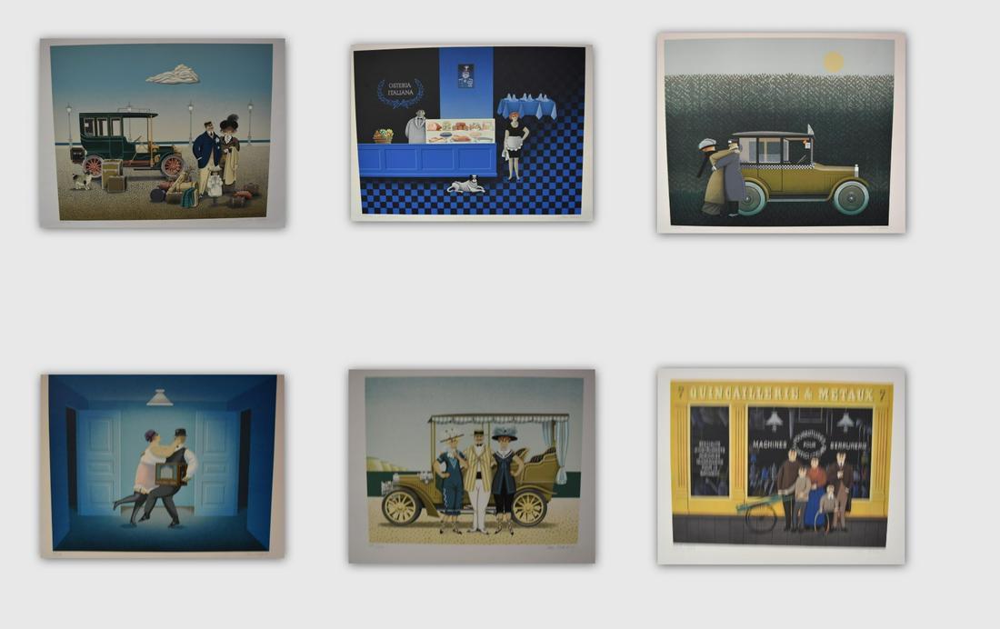 Jan Balet; Six(6) Lithographs Signed: Jan Balet(German b.1913) six(6) color lithographs. Including: Osteria Italiana, An Elevating Experience, Quincallerir, Summertime, Chamber Music, Fancy People. Each pencil signed and numbered. Edition