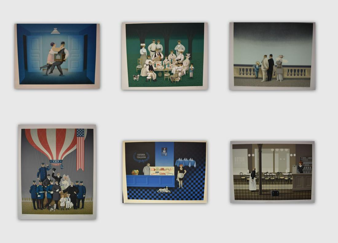 Jan Balet; Six(6) Lithographs Signed: Jan Balet(German b.1913) six(6) color lithographs. Including: Osteria Italiana, Café De Paris, An Elevating Experience, By the Sea, Picnic in 3/4 Time, Chamber Music. Each pencil signed and numbered.