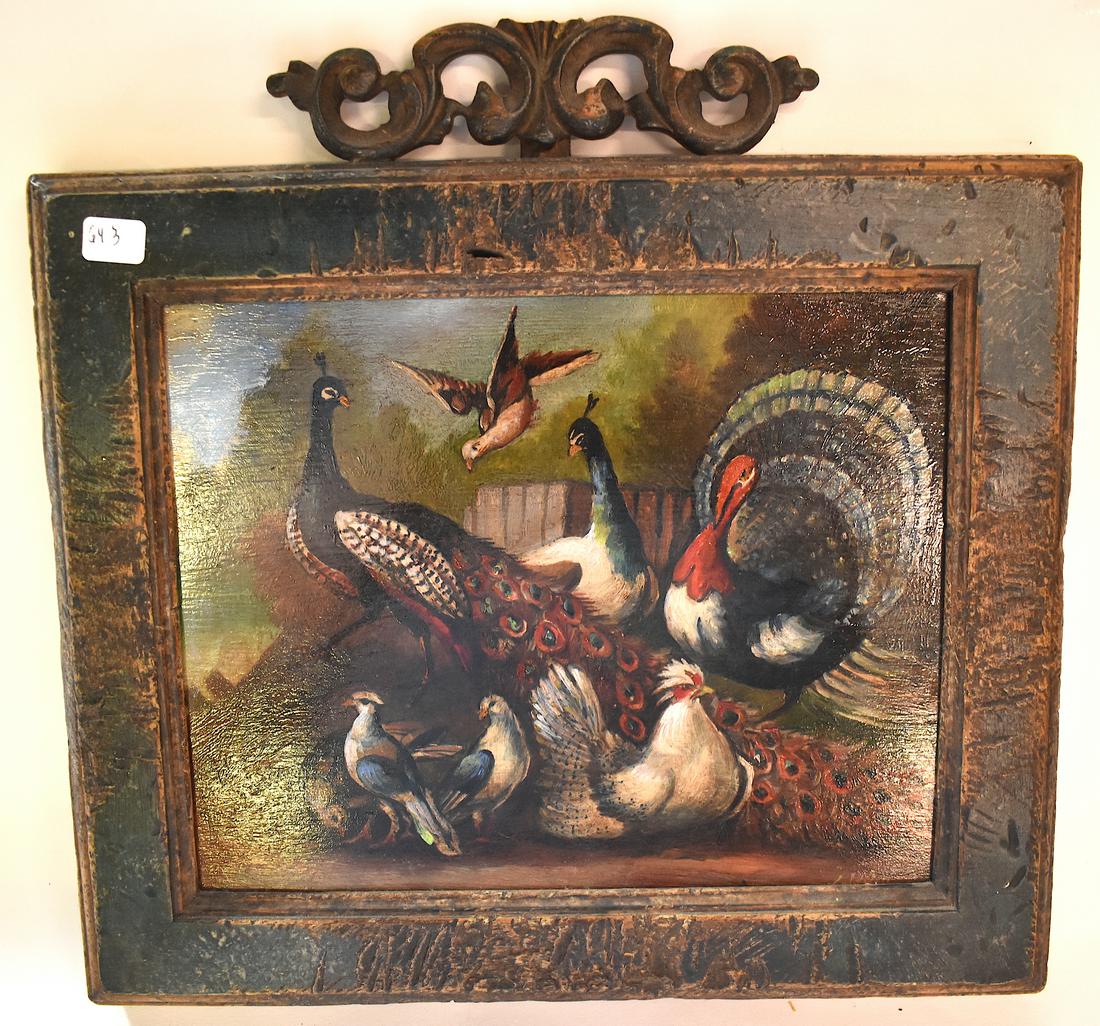 Antique Oil on Tin Panel Barnyard Scene: Oil on tin panel, a complex and intricate barnyard scene sgd. e. indiscernibly lower right. Antique frame (Some imperfections to frame) 8 x 10 Painting Overall 10 x 12