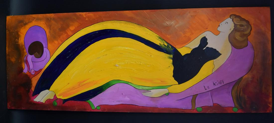 Linda Le Kinff; 20thC. Acrylic - Reclining Woman Signed: Acrylic on board. Reclining Woman. Signed l.r.; 16in. X 42in.
