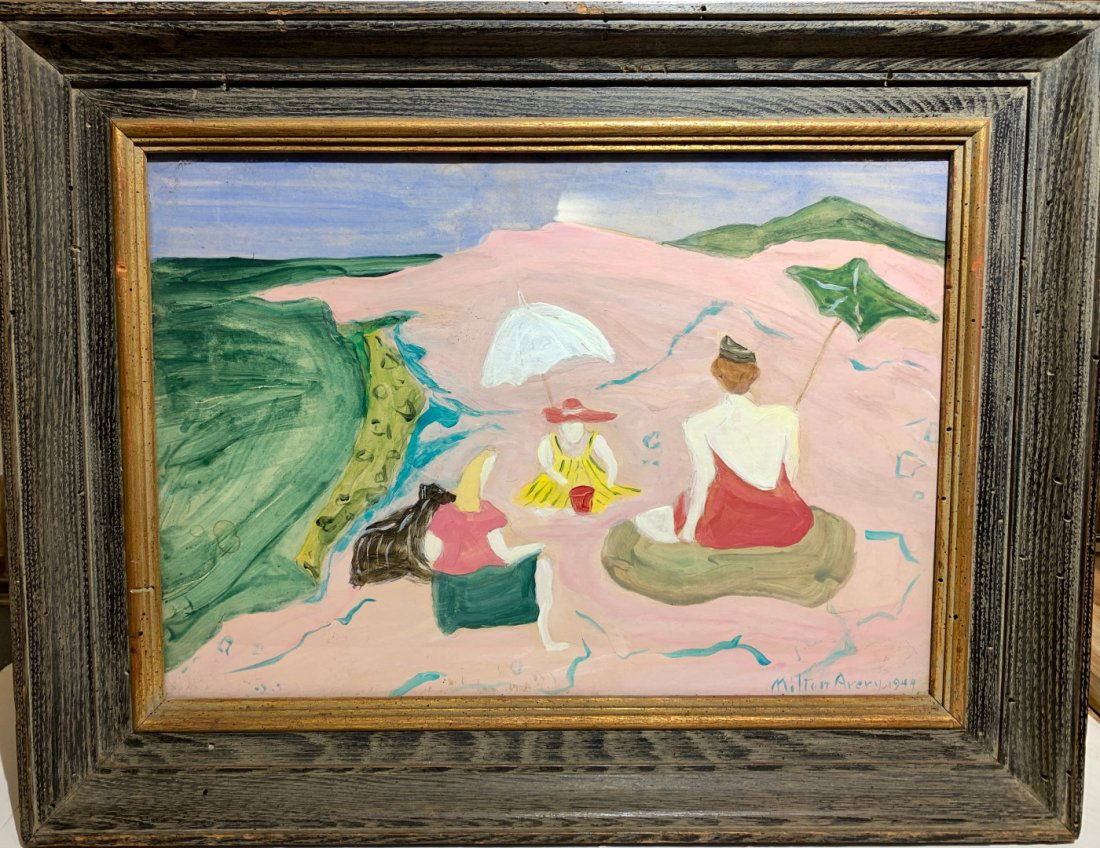 Milton Avery(after); 20thC. Modernist Gouache: Gouache on board. Along the Shore. After Milton Avery. Bears signature l.r. and dated 1944; 12.5in. X 17.5in.