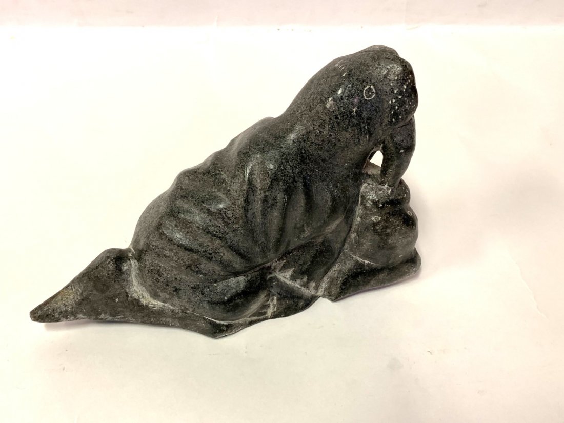 George Alaya; Inuit Stone Carving - Walrus: NWT Eskimo stone carving. Walrus and Young. Signed and dated 1980 at the underside; 5.25in. X 8in.W.