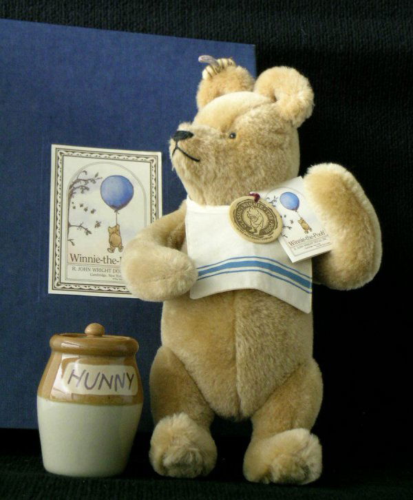 R. John Wright Bear, Winnie the Pooh: With Bennington Pottery "Hunny" Pot. Mohair plush, fully jointed. The Walt Disney Company, Classic Winnie the Pooh, 1329/5000 Limited Edition. 1987-1989. With tag and booklet, original box. 14" h