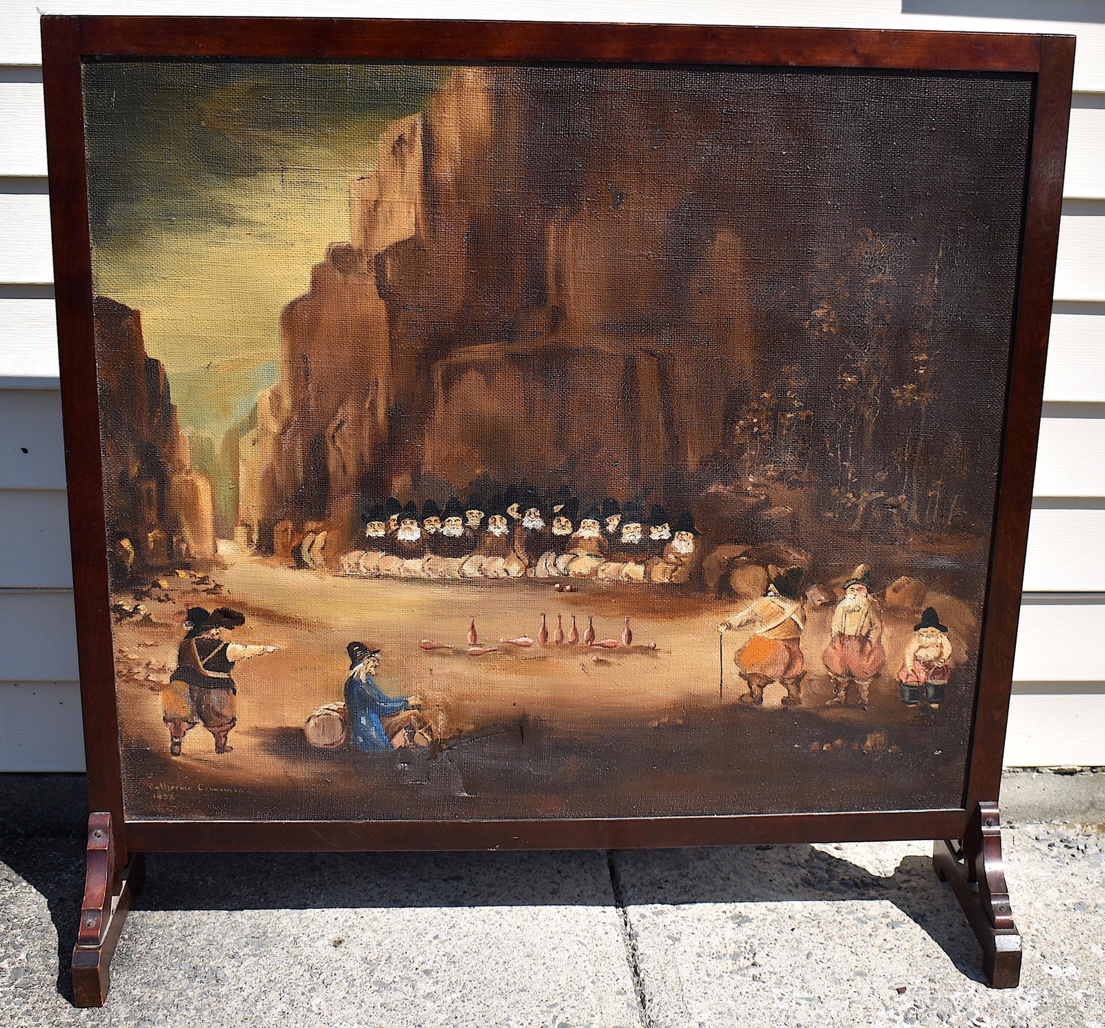 C. Crossman Sgd. Fire Place Sceen: Landscape of Gnomes and a Witch. Signed lower left Catherine Crossman 1932. Image Size. 30"H x 34"W. Overall 36"H x 37"W