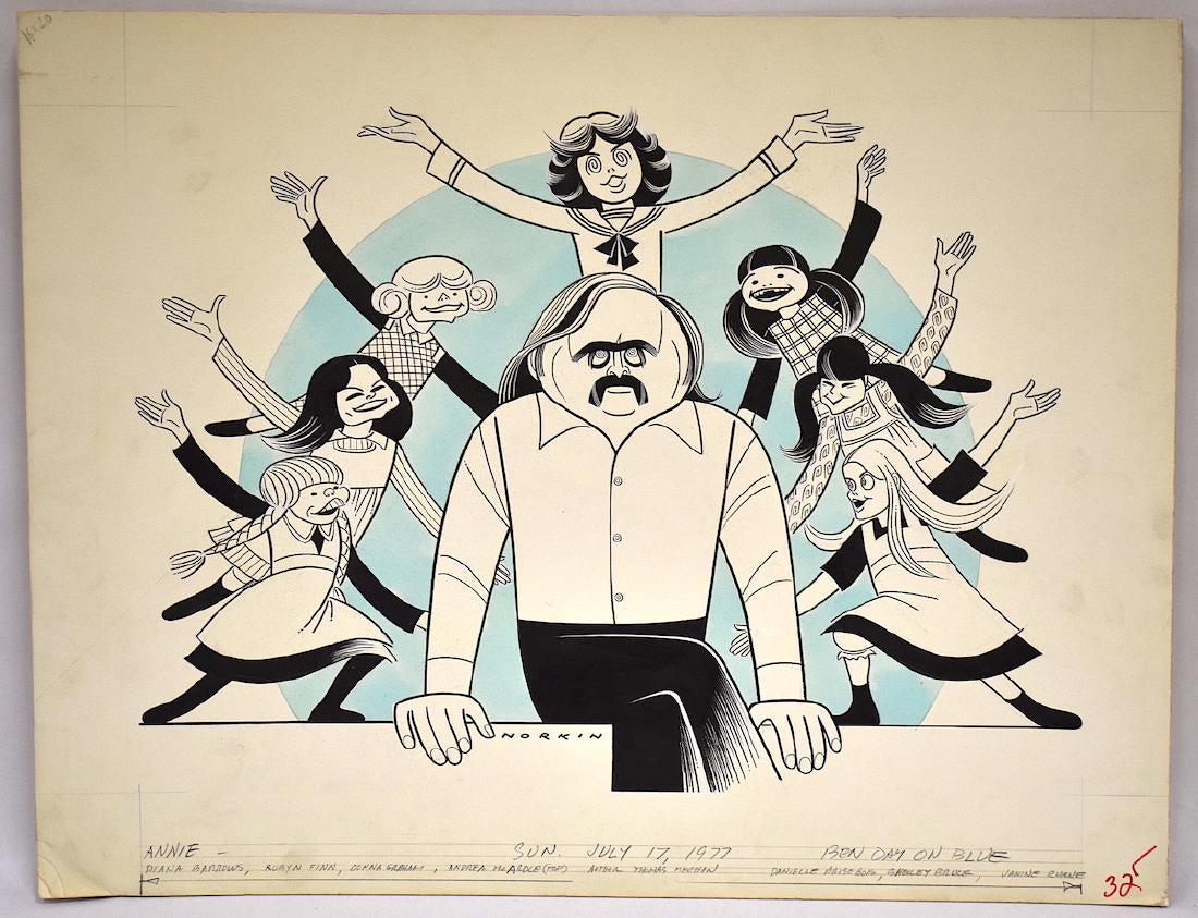 Sam Norkin Original Illustration. Signed.: Annie. Sun. July 17 1977. Diana Barrows, Rubyn finn, Donna Graham, Andrea McArdle all depicted as well as author Thomas Meehan, Danielle Brisebois, Shelley Bruce and Janine Ruane. 18 x 23