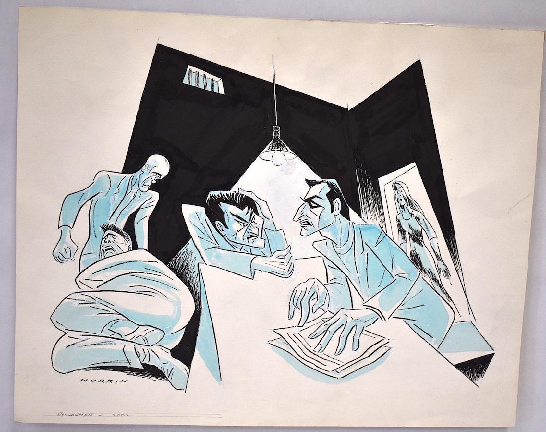 Sam Norkin Original Illustration. Signed: Pillowman (2002). Jeff Goldblum. Billy Crudup. Michael Stuhlbarg, Virginia Louise Smith and Zel JKO Ivanek. Additional illustration at the back of the main illustration. 14 x 17 1/4"