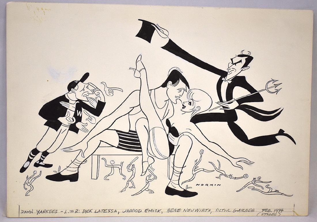 Sam Norkin Original Illustration. Signed: Damn Yankees. Dick Latessa, Jarrod Emick, Bebe Neuwith, Victor Garber. Feb. 1994 15 3/4" x 22 1/2"