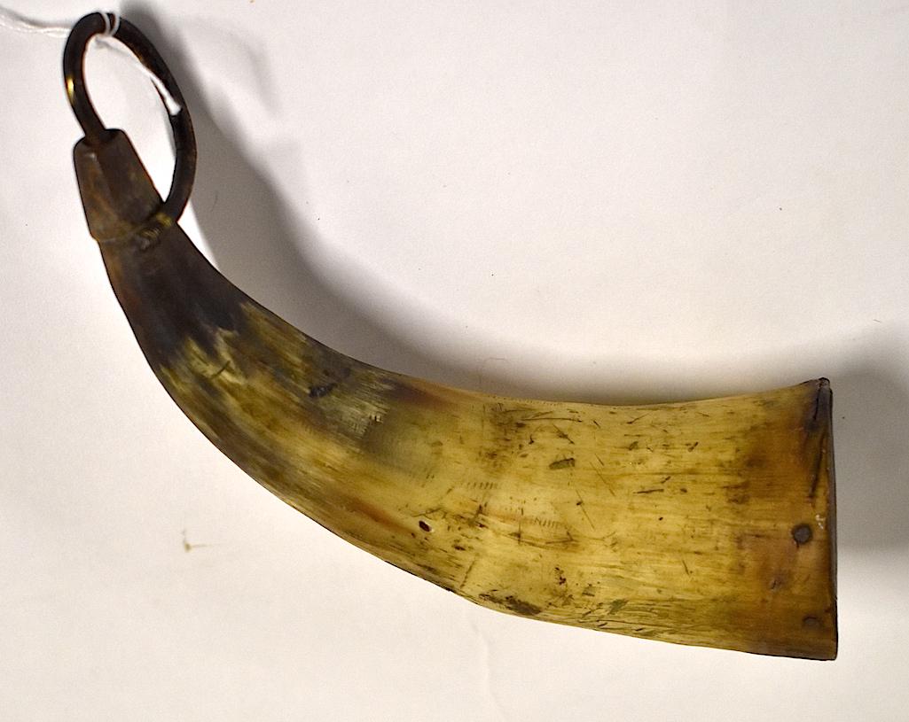 Antique Powder Horn with Scrimshaw: Size 6" Long