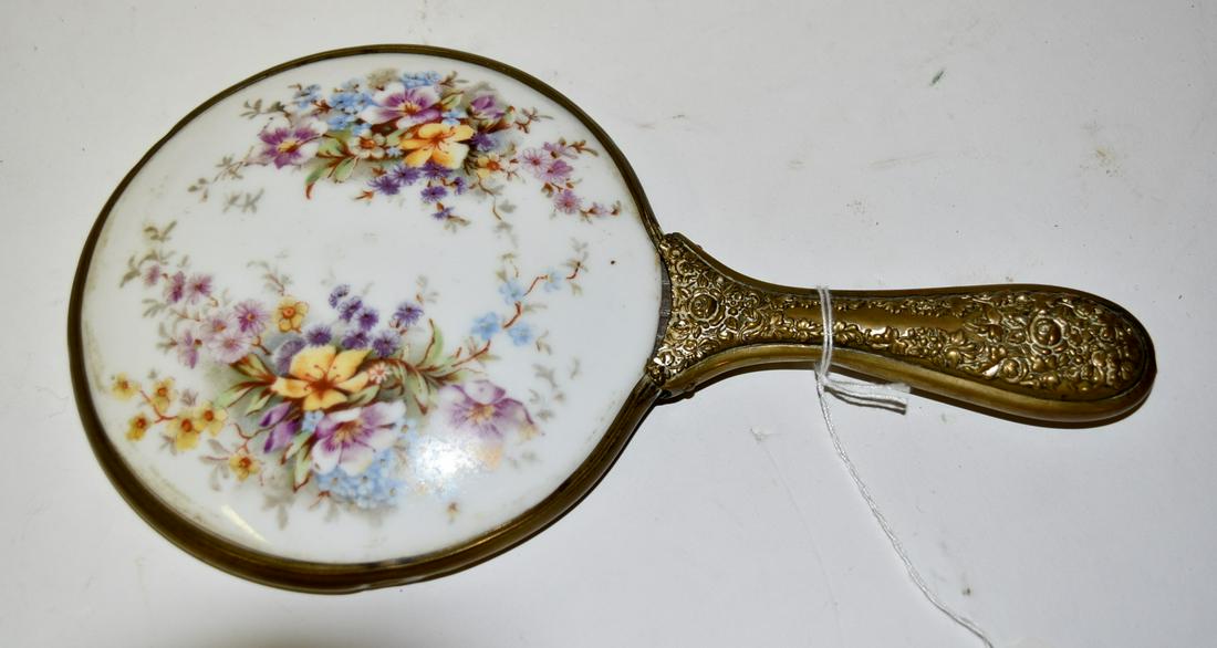 Hand Painted Dressing Table Mirror: Brass handled.