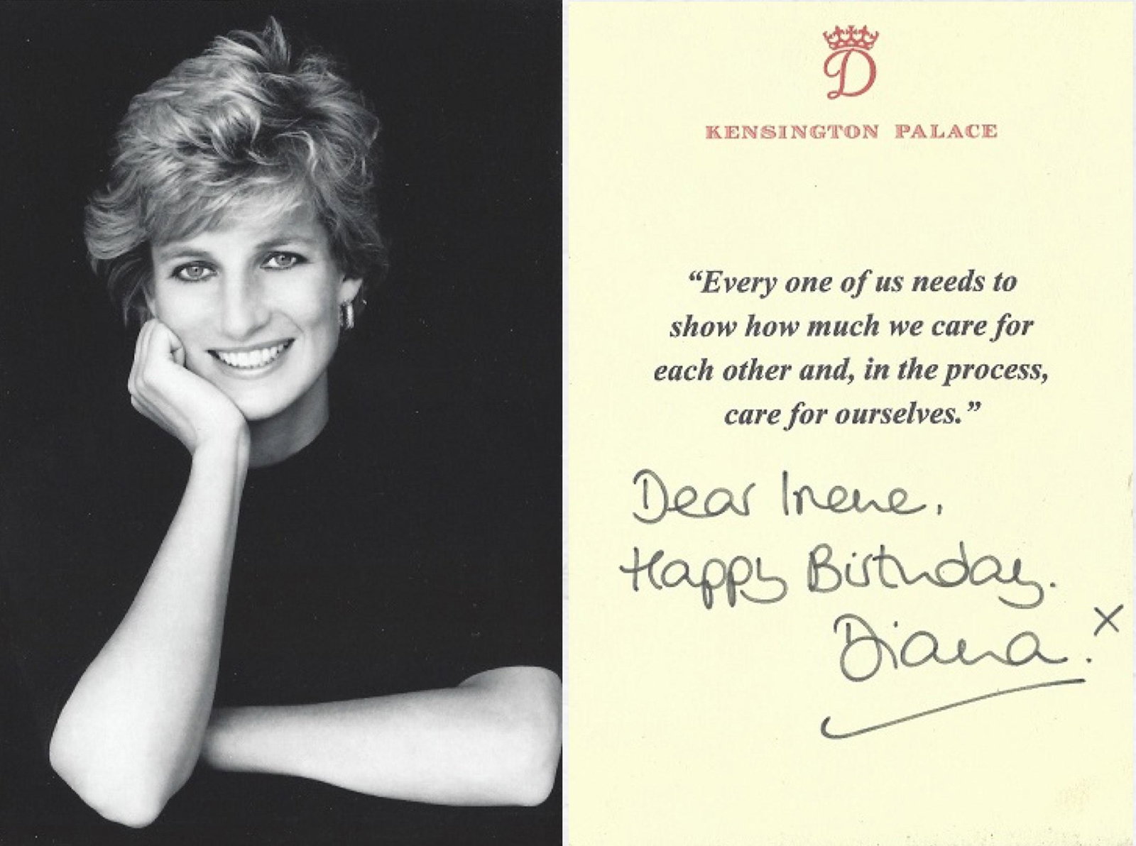 Princess Diana Signed Photo Card With Quote: HRH Diana, Princess of Wales.Ê This card measures 6"x4"with a photograph of Princess Diana looking relaxed. Gifted to Irene a nun in India whom the Princess became close to. It states, Dear Irene, Ha