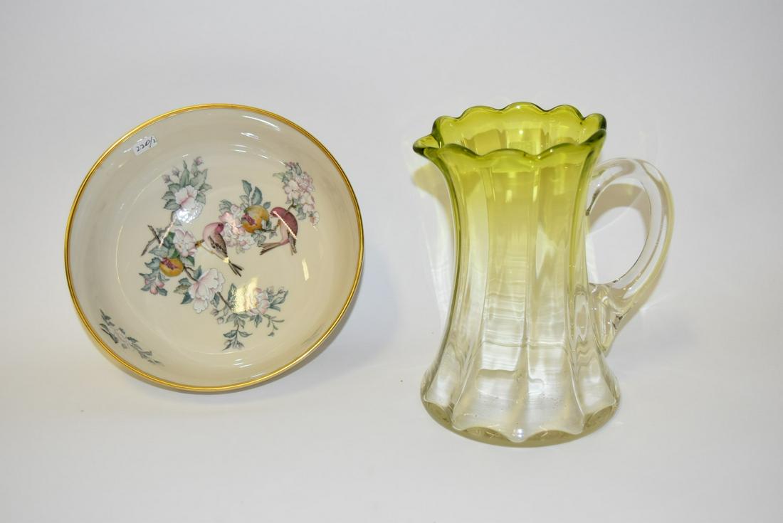 Lenox Bowl and Art Glass Pitcher: Floral decorated bowl together with aa green glass to clear pitcher. 3 1/2"H and 7 1/2"H.