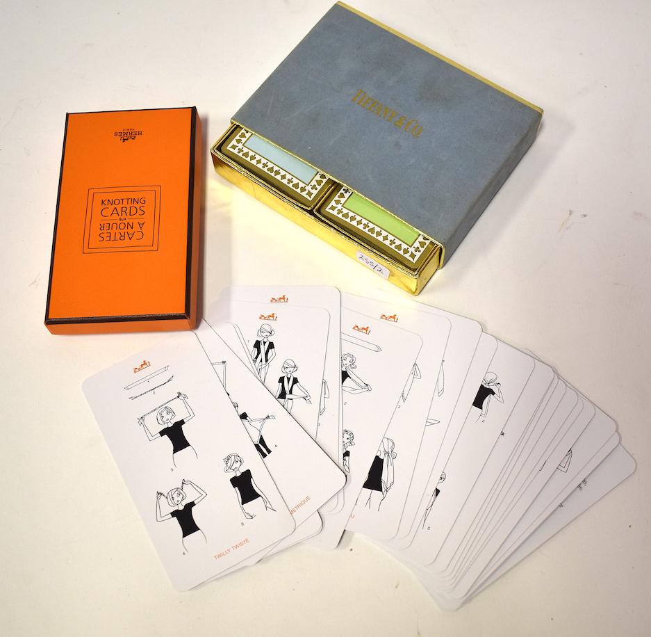 Hermes and Tiffany Cards: Unusual Hermes cards showing how to tie a scarf and Tiffany playing cards.