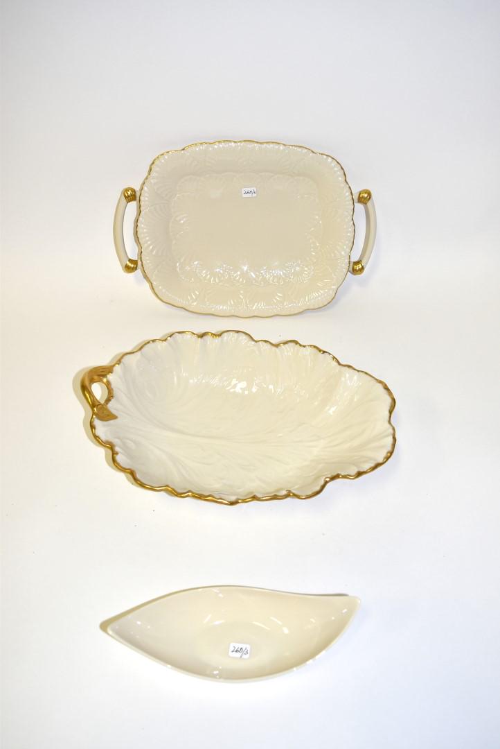 Collector's Lot of Lenox and MCM (3): Lenox gilt decorated leaf shaped serving bowl; a MCM nut dish and a double handled serving tray. Three in the lot. 13 1/2" x 9"; 9" and 9" x 14"