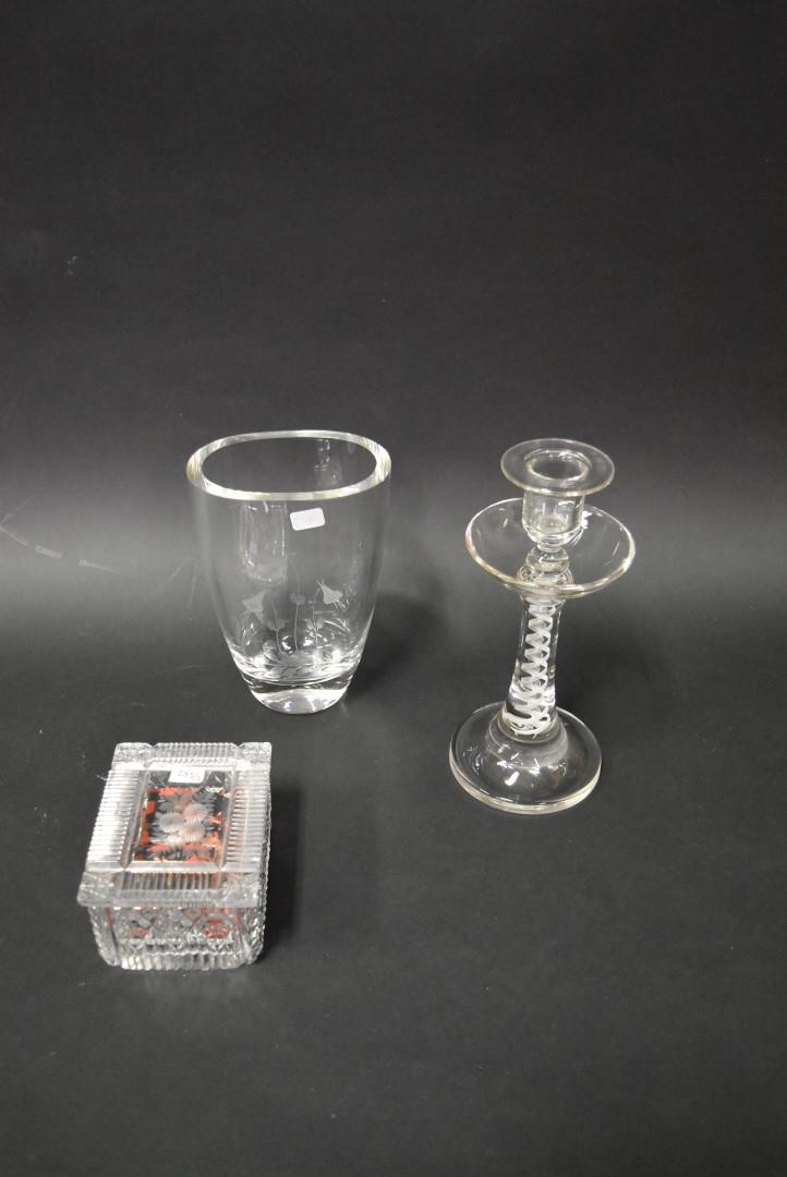 Collector's Lot of Glass: Vase in the manner of Orrefors; an art glass candlestick and a cut glass trinket box. . Varying sizes.