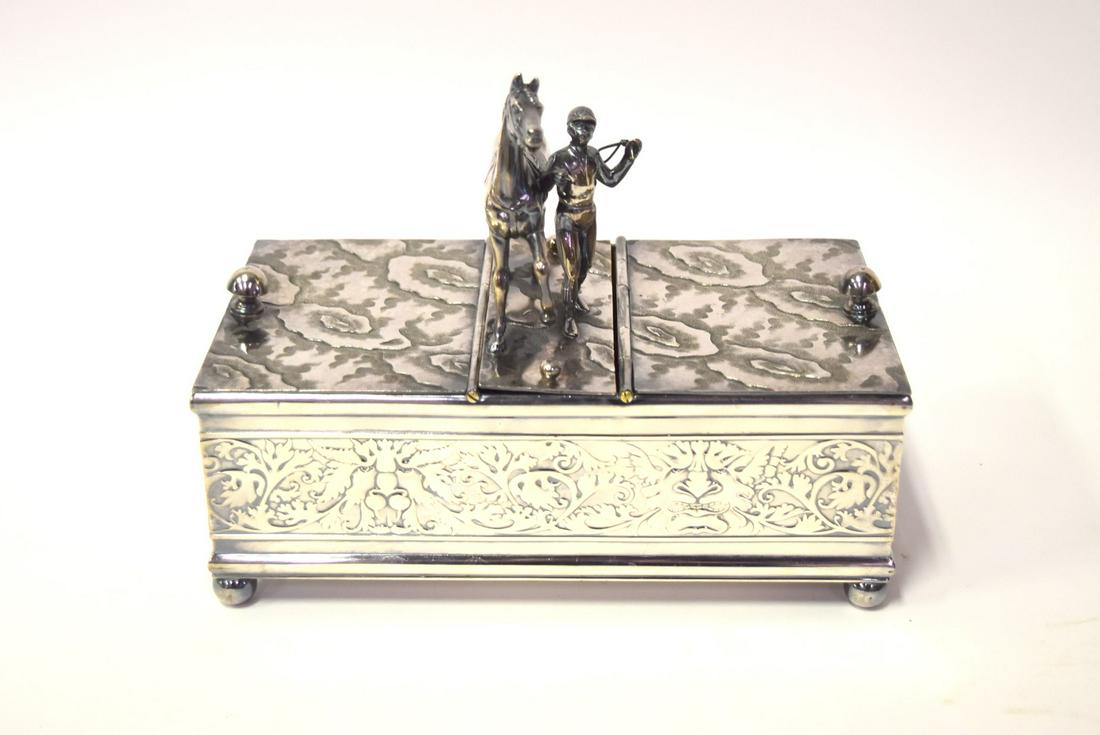 American Victorian Figural Silverplate Box: Probably a Humidor. Derby Silver Co, Derby, Conn. Horse and Jockey. 7"H. x 9 3/4"W x 5 1/4"D