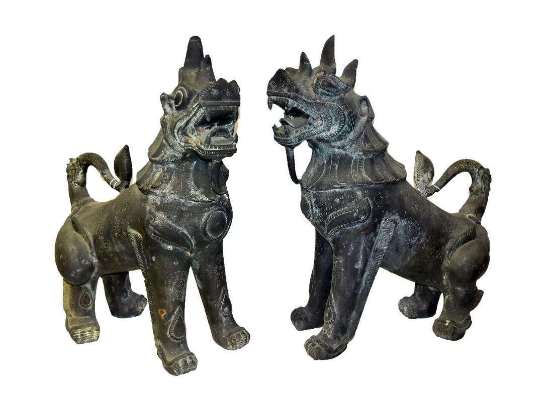 Pr. Chinese Bronze Foo Dogs: 21"H. x 19"L