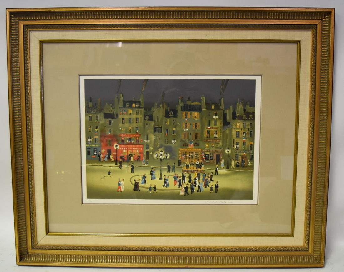Michel Delacroix; 20thC. Lithograph Signed: Color lithograph. Village Square. Pencil signed and numbered 5/150; 13in. X 18in.(image size), 26in. X 32in.(overall)