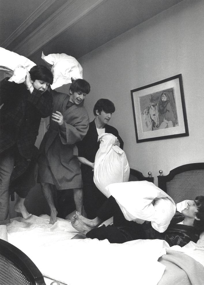 Beatles Pillow Fight Paris Harry Benson Photo: The Beatles, Pillow Fight Paris , 12" x 9" , inner size 11.5"x 8.5", photograph with border. Taken by Harry Benson in 1964, printed 1997. It comes stamped by the photographer with other details for pu