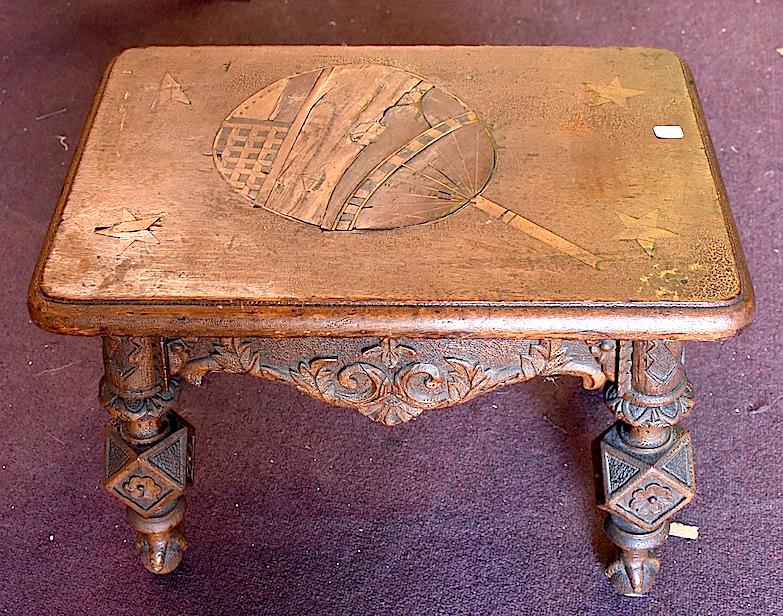 Heavily Carved Oriental Footstool: Fan inlay at the top 13 1/2 H x 18 1/4"W