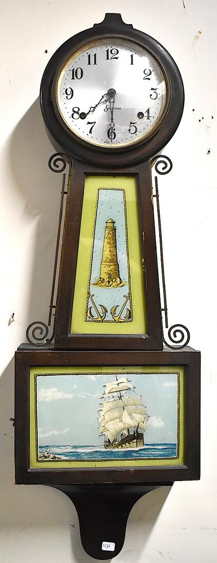 Banjo Clock with Ship Paintings: 30"H.