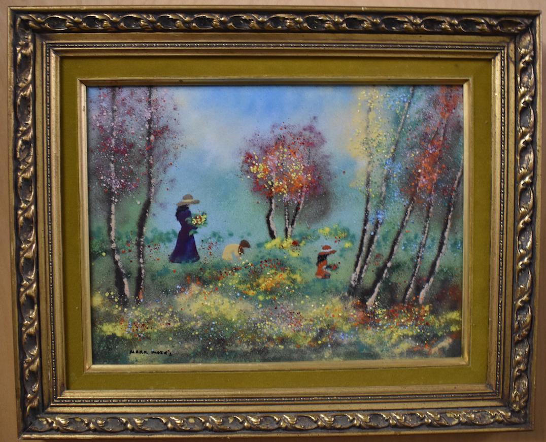 Oil on Copper Sgd. M.Moses: Woman with children walking through the flowers. Beautifully framed Oil on Copper Signed L.L. Mark Moses. Size 12"H x 16"W. Overall 17"H x 21"W