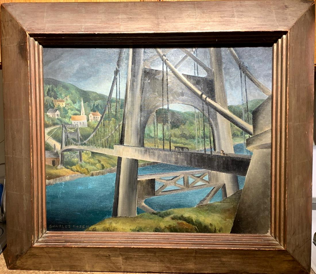 Charles Rosen; 20thC. American Oil - The Bridge Signed: Oil on canvas. The Bridge. Signed l.l. and inscribed with title and dated 1918 on stretcher; 20in. X 24in. Housed in a handmade gilt frame