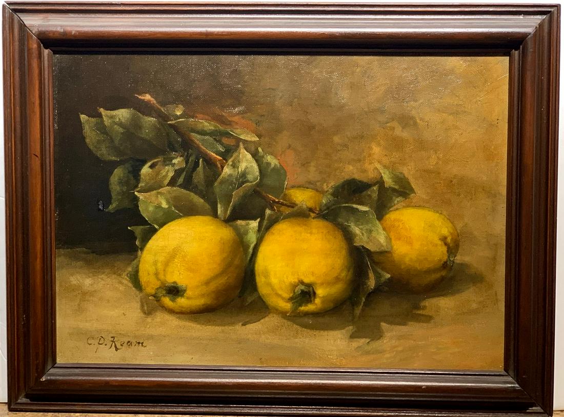 Carducius Ream; American Oil - Still Life Signed: Oil on canvas(mounted to wood panel). A Still Life - Fresh Picked Lemons. Signed l.l.; 10in. X 14in.