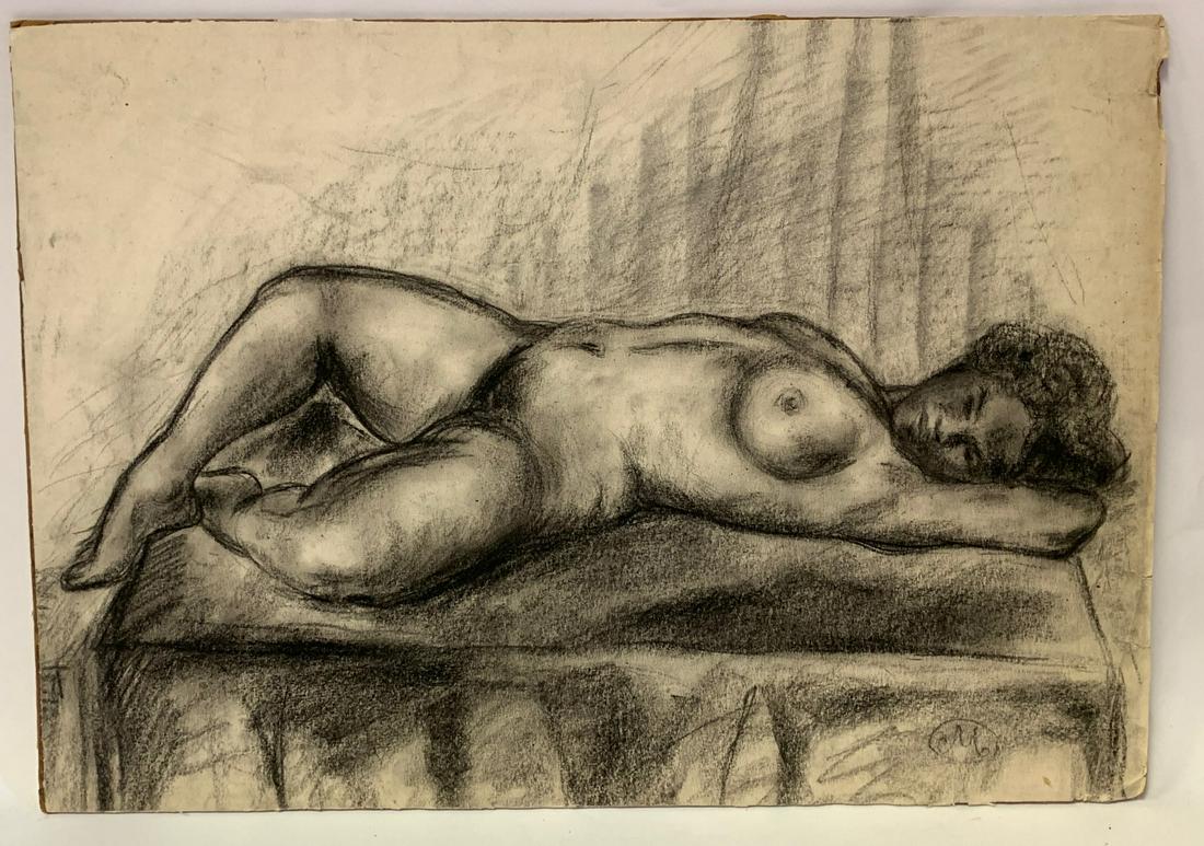 Aristide Maillol; 20thC. French Charcoal - Reclining: Charcoal on paper. A Reclining Nude. Signed with artist's monogram l.r.; 15.25in. X 21.75in.