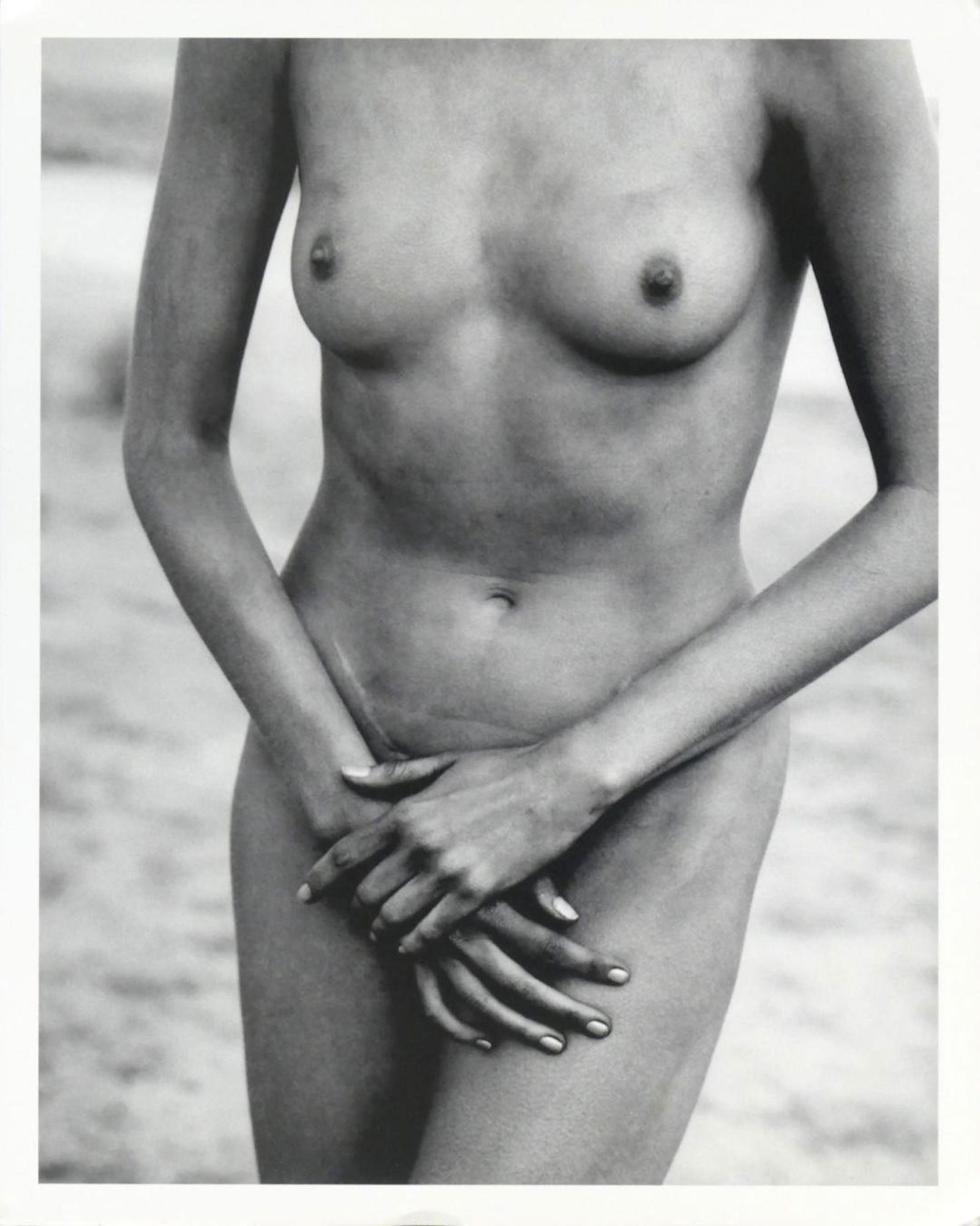 Peter Lindbergh Nadja Auermann Fashion Photo: Nadja Auermann, measures "11 x 9", inner size, 10"x 8". Photograph has white border. Taken in 1969, this print dated 1999. It comes stamped by the photographer with other details for publicity which m