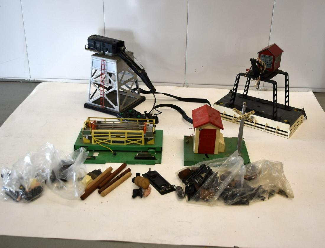 Lionel O Gauge Accessories, Etc.: Including: two(2) cranes, No.45N automatic gateman, No.3656 stockyard, miscellaneous accessories (as seen in photo)