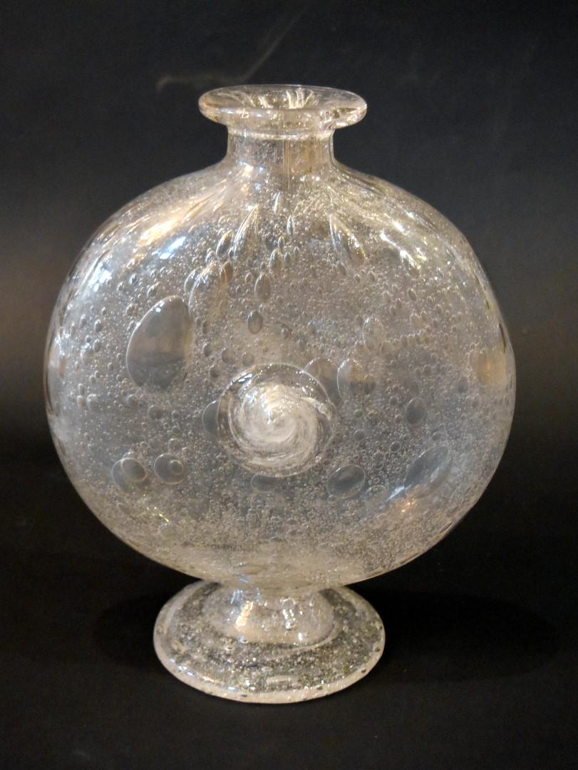 Charles Schneider Footed Clear Glass Vase Signed: Charles Schneider Glassworks, Épinay-sur-Seine, France, circa 1925. Clear glass flask-form vase with applied prunts. Circular spreading foot. Internal bubble decoration. Acid engraved Schneider,
