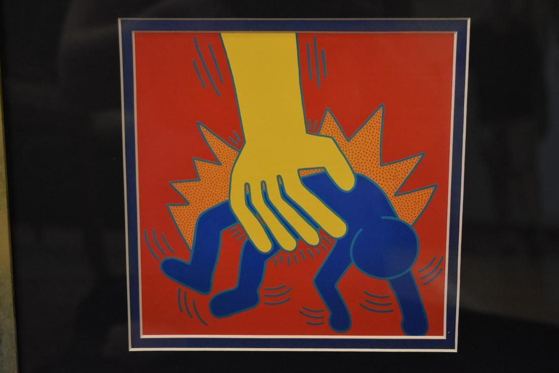 Keith Haring; 20thC. Color Plate Lithograph: Framed color plate lithograph. Untitled. 1987. Information on reverse; 7in. X 7in.(image size)