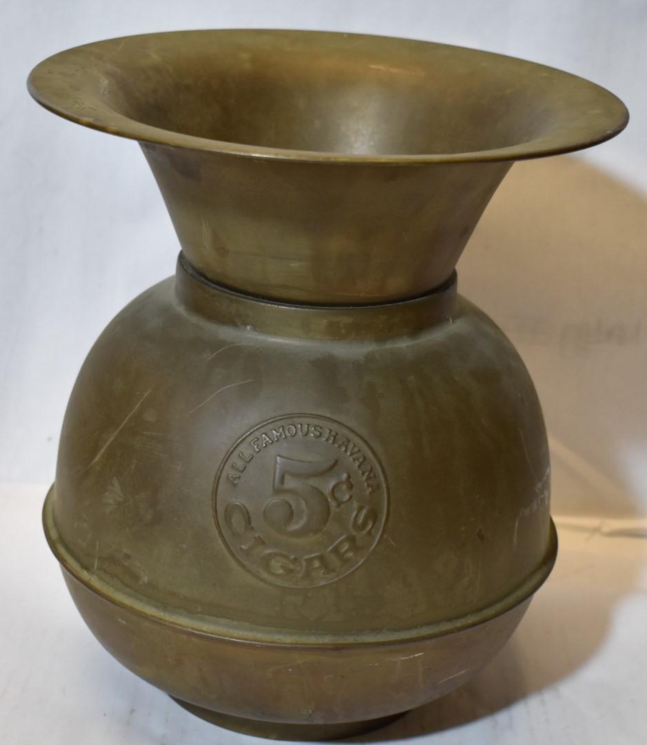 Brass Advertising Spitoon for Havana 5 Cent Cigars: Embossed on both sides Famous All Havana 5 Cent Cigars 11"H.