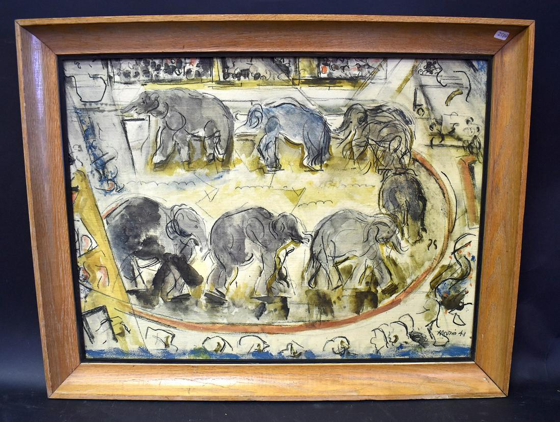 Marin, John (American 1890-1970) Circus Elephants: Rare vintage print on canvas of this prominent American artist, signed in the plate and framed, Marin was a highly influential artist of the 50's 17 x 23 1/2 21 x 271/2" (overall)