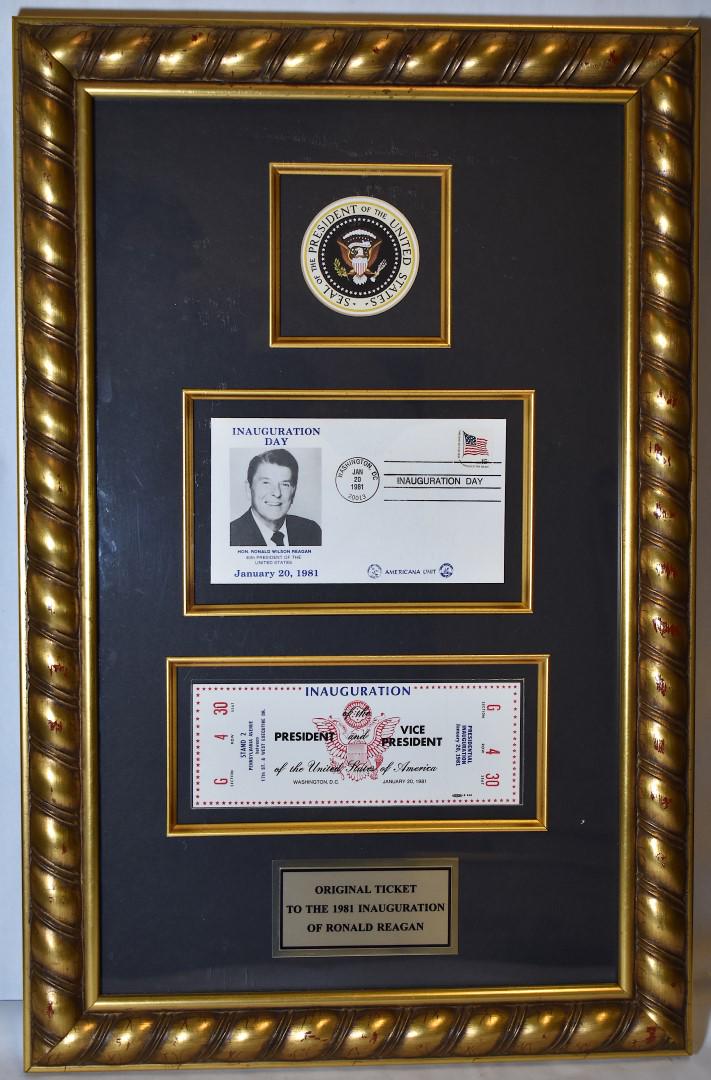Ronald Reagan Inaugural Collectors Plaque: A ticket to the 1981 inauguration; a Presidential seal ; a photograph ;first day issue envelope With a certificate of authenticity from Kenneth Laurence Galleries. 23 x 15